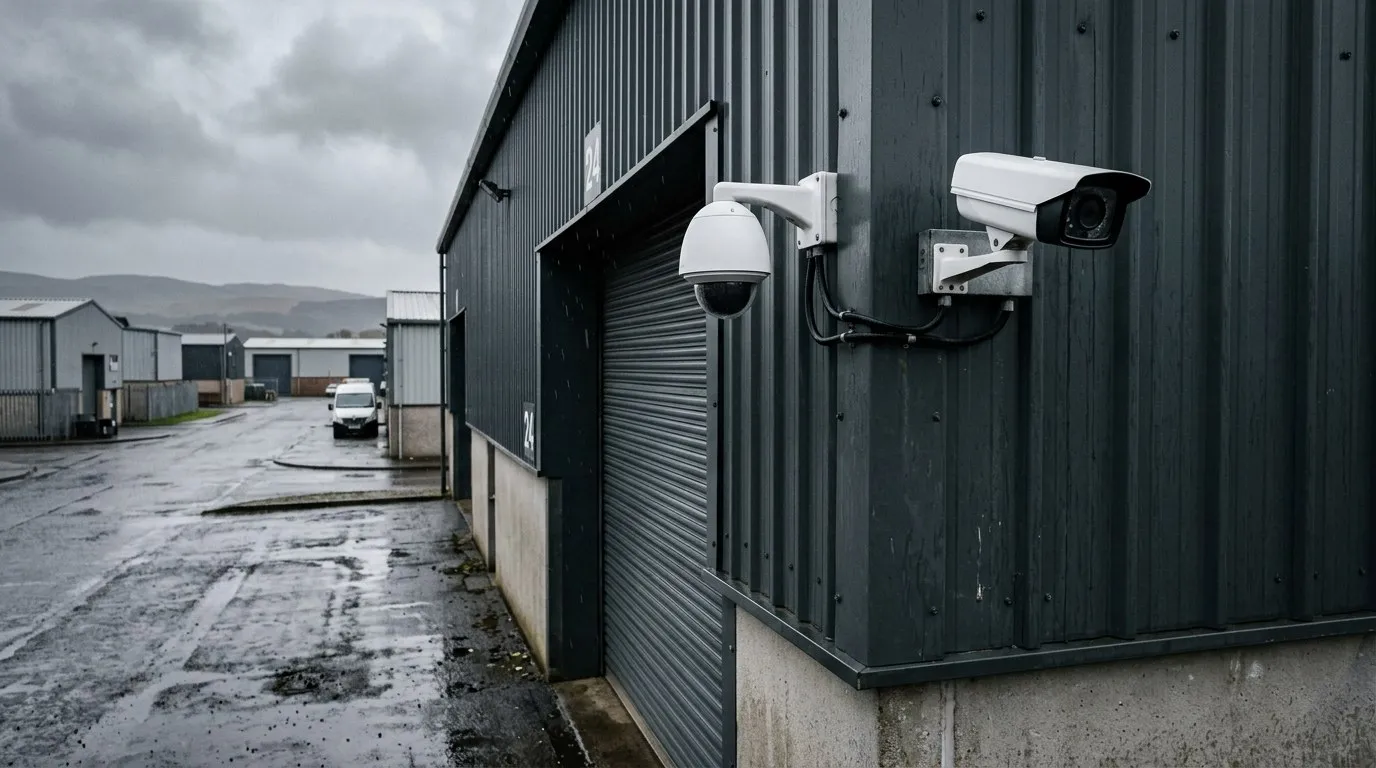 Dome and bullet CCTV cameras on the cladding of an industrial unit
