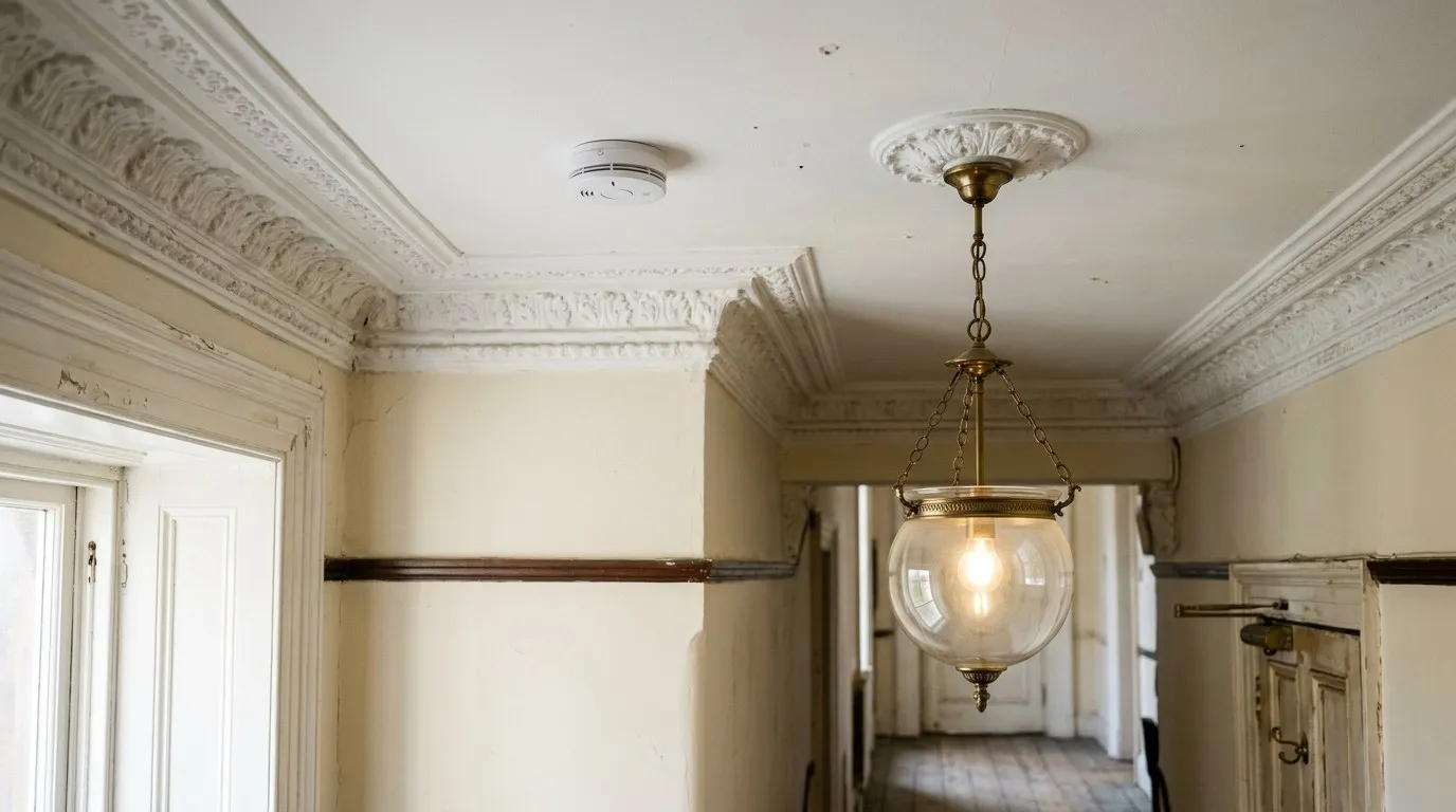 Ceiling smoke alarm in the hallway of a tenement flat with plaster cornicing